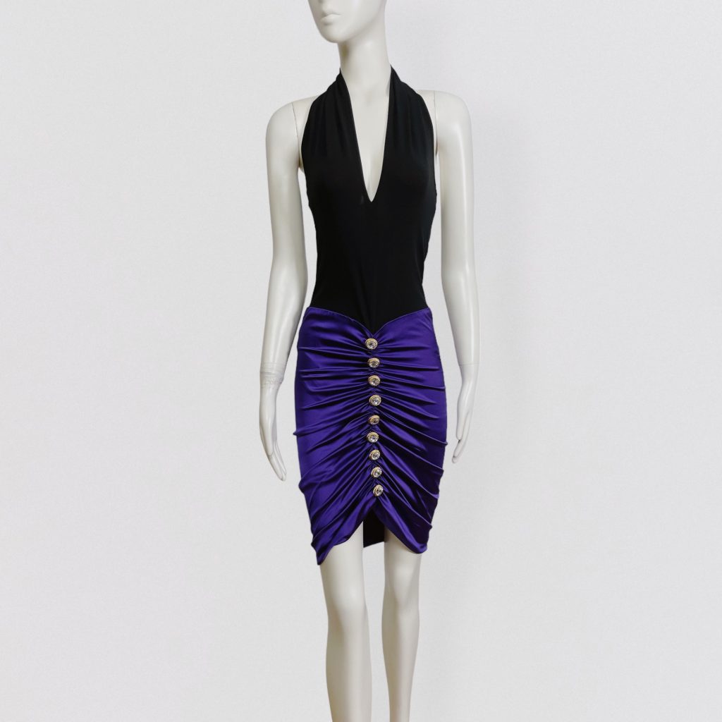ANGELO TARLAZZI – backless dress with purple draped satin silk skirt and gold buttons