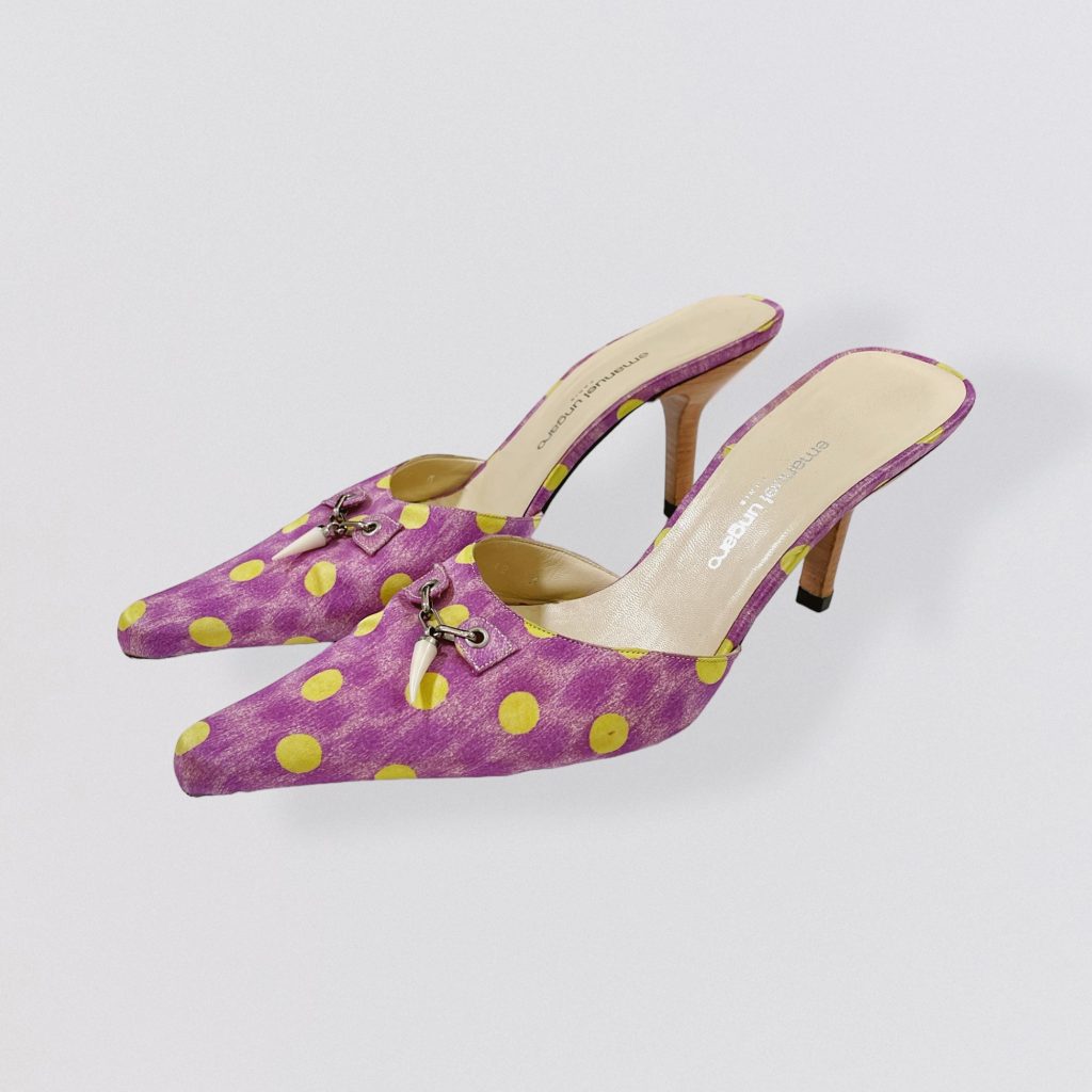 EMANUEL UNGARO – purple & yellow polka dots leather pointed toe mules with wood heel