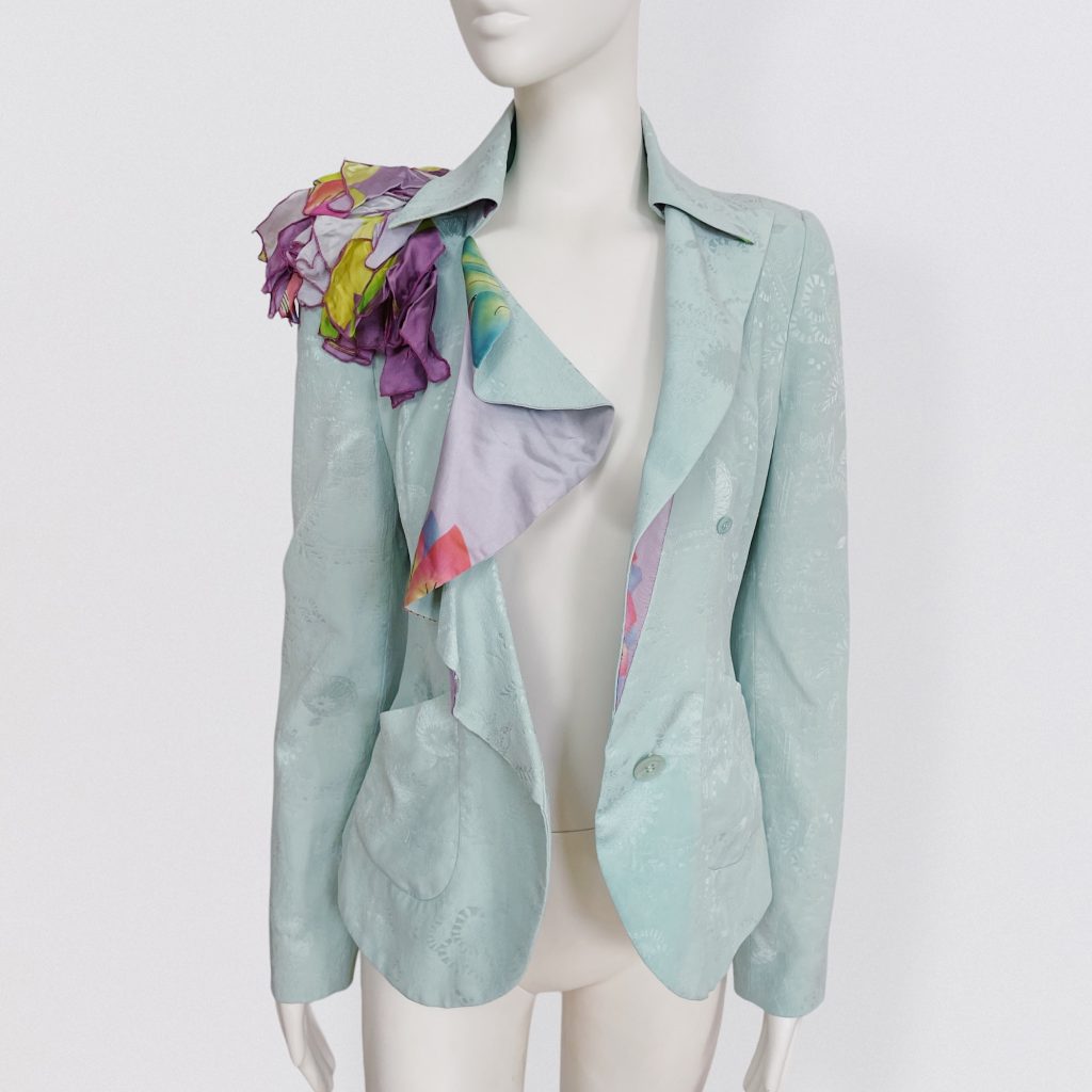 CHRISTIAN LACROIX – water green silk jacket with floral brocade and and silk ponpon