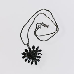Vintage 80s MOSCHINO metal and black rhinestones heart pendant necklace
