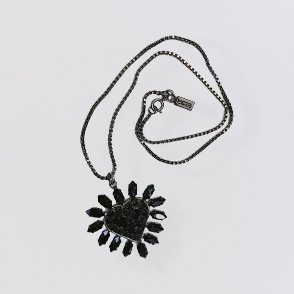 Vintage 80s MOSCHINO metal and black rhinestones heart pendant necklace