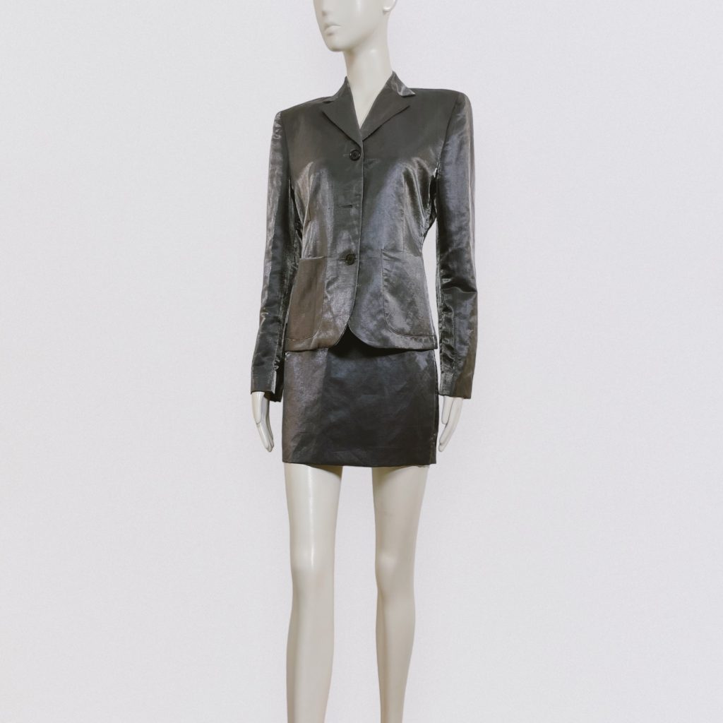 BYBLOS 00s silver linen blazer and mini skirt suit set