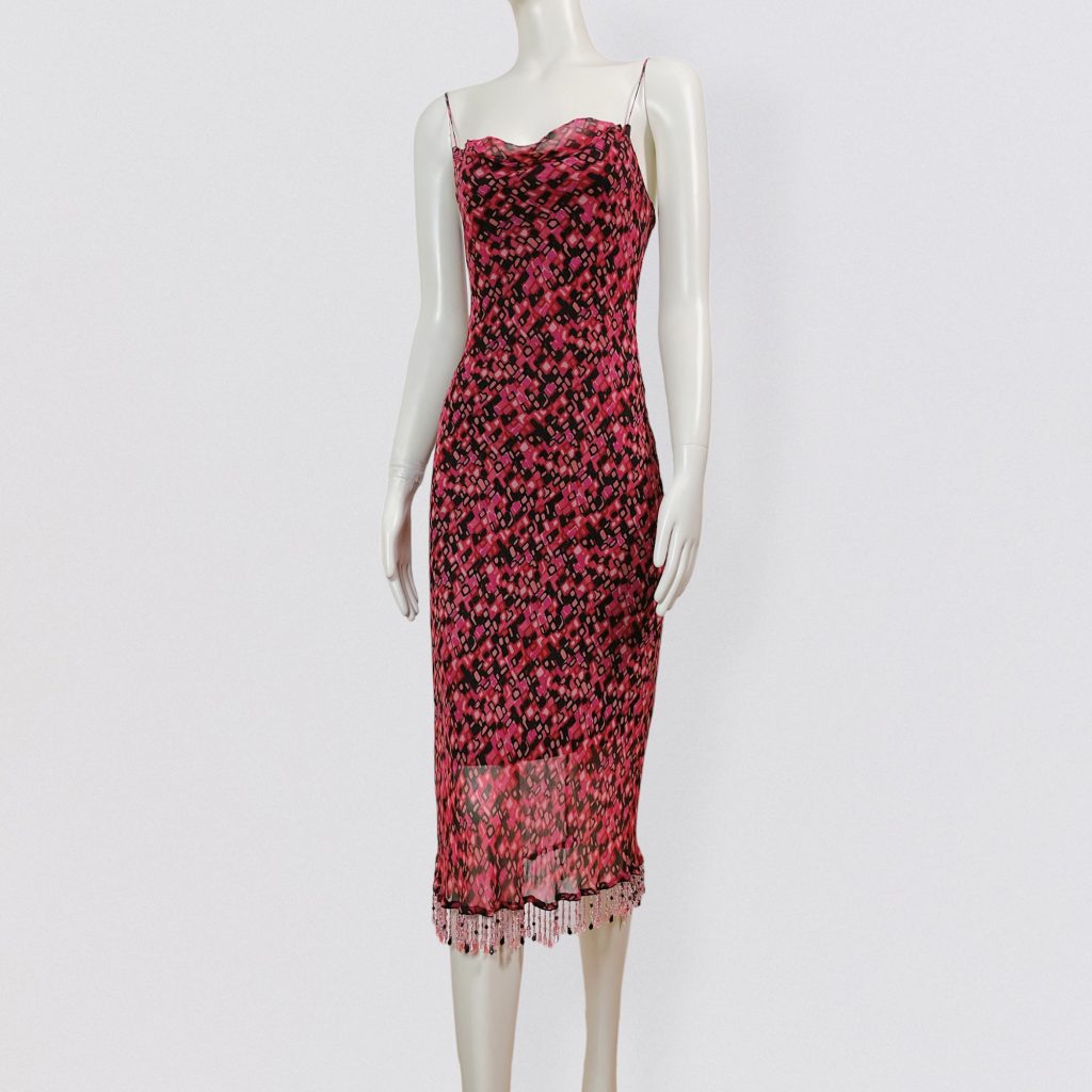 BETSEY JOHNSON – printed pink silk midi dress embellished with pearls fringes