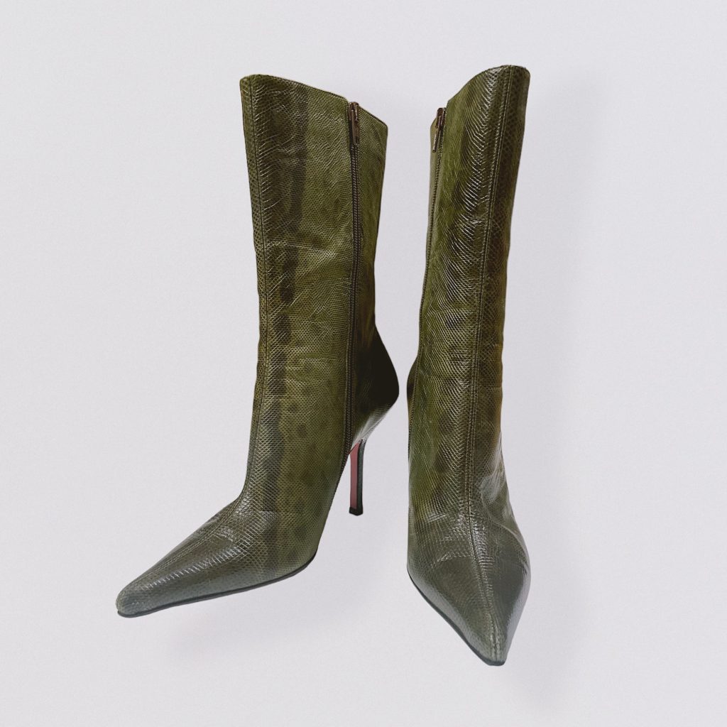 EMANUEL UNGARO – dark green heeled leather ankle boots with snake print