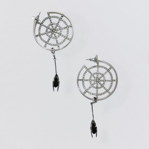 Silver spider web earrings with rhinestones and removable spider - Image 4