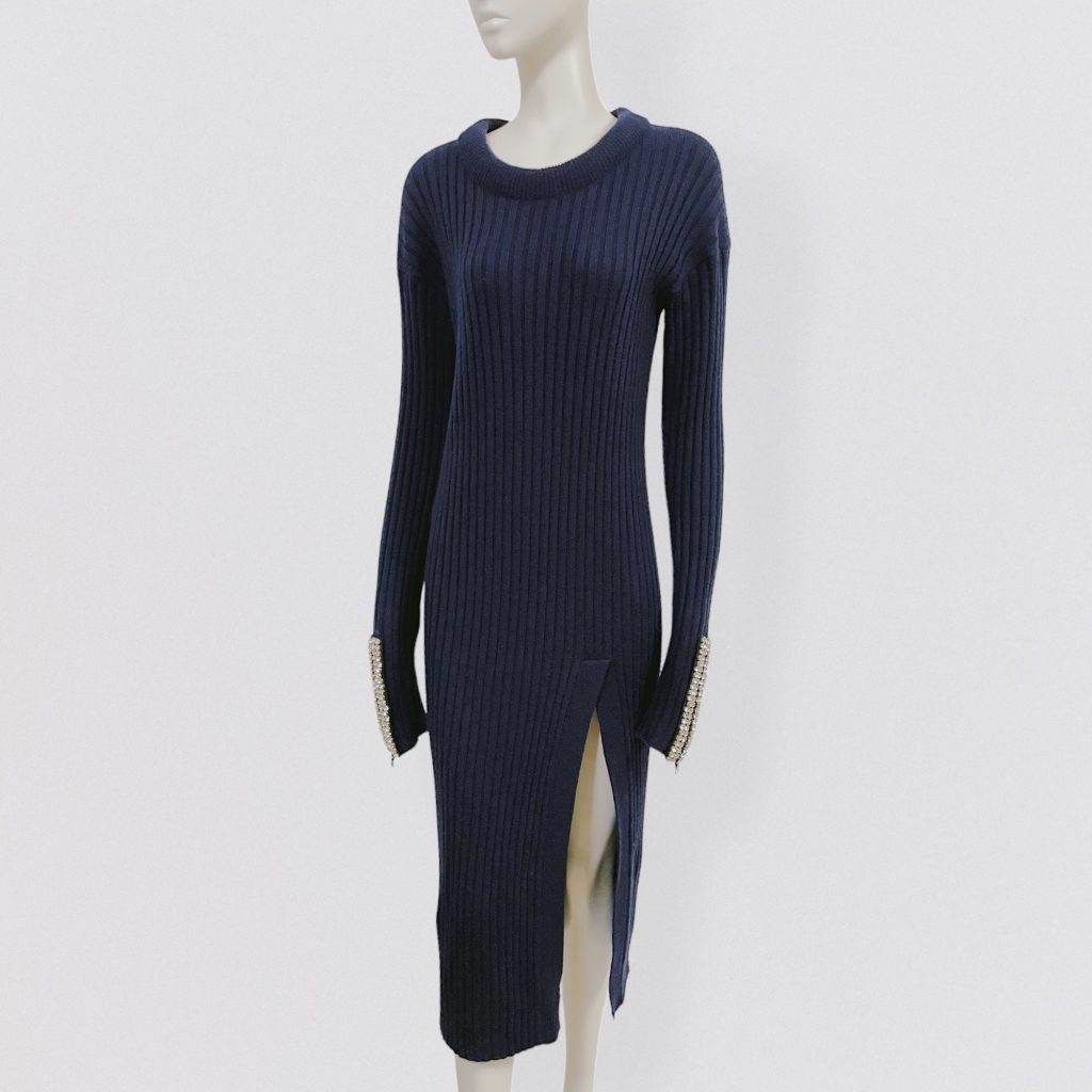 AVIU – navy blue wool maxi dress with long sleeves embellished with rhinestones