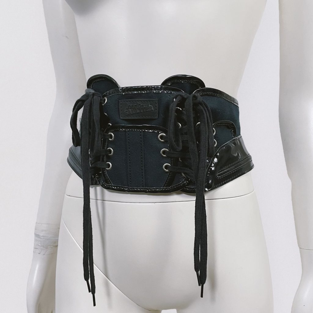 JEAN PAUL GAULTIER – dark blue corset belt with lacing and black vinyl details