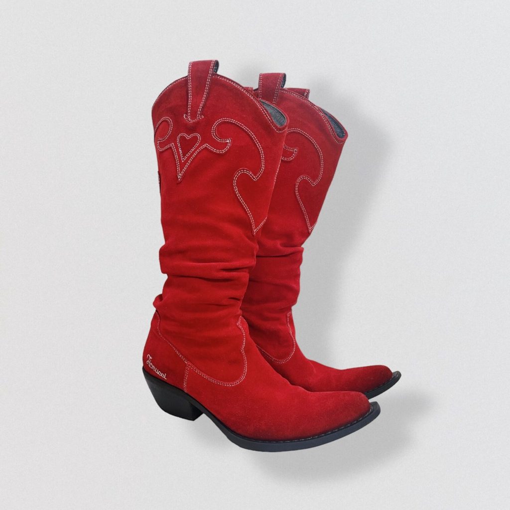 FIORUCCI – red suede leather santiags with heart pattern