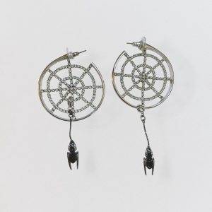 Silver spider web earrings with rhinestones and removable spider
