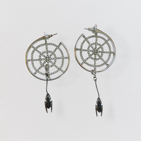 Silver spider web earrings with rhinestones and removable spider