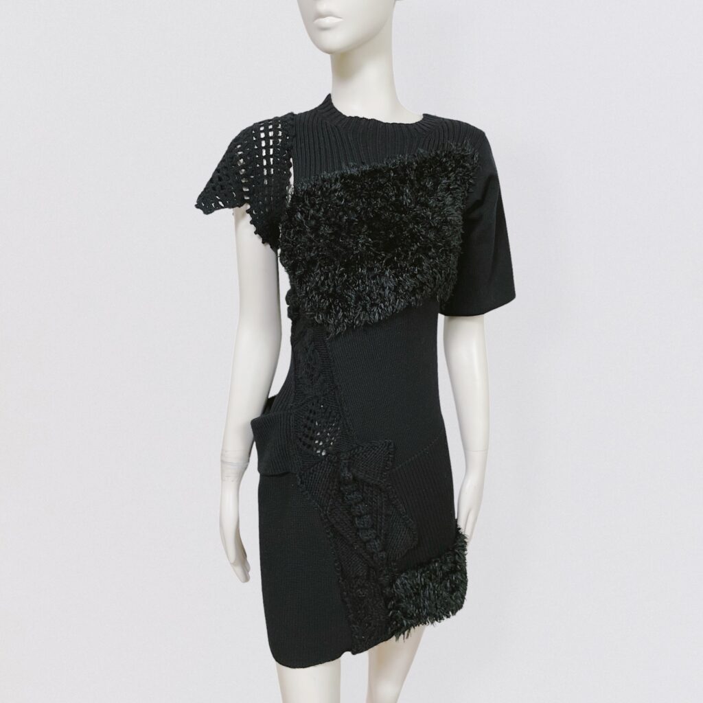 YOHJI YAMAMOTO – black asymmetrical wool dress with short sleeves with play on textures and weaves