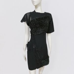 Vintage 90s YOHJI YAMAMOTO black asymmetrical wool dress with short sleeves with play on textures and weaves