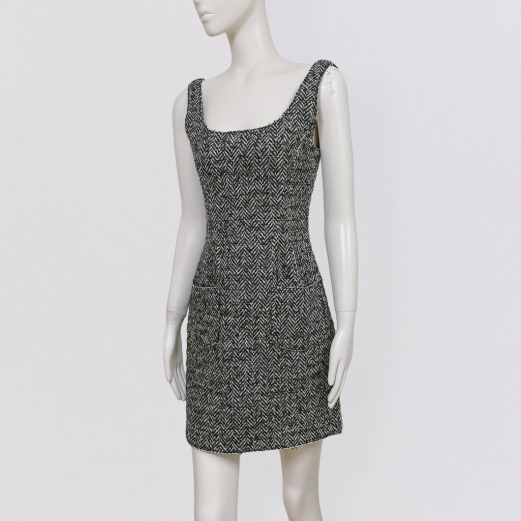 D&G – sleeveless dress in thick gray tweed with corseted top and black lacing