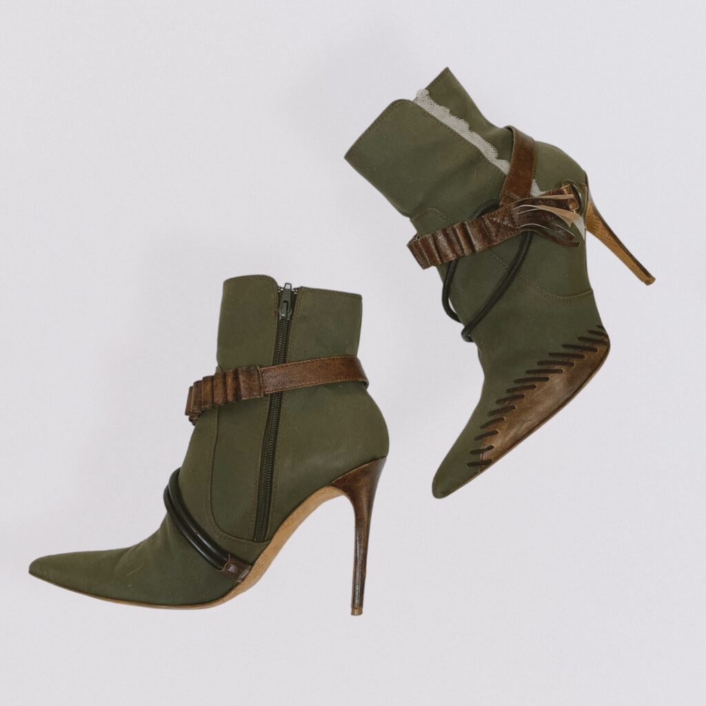 JOHN GALLIANO – heeled ankle boots in khaki canvas embellished with brown leather details