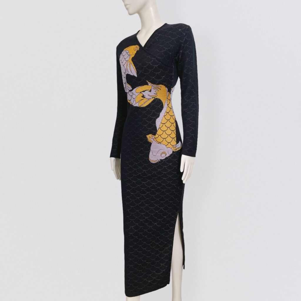 THIERRY MUGLER – long knitted dress with kimono collar and Koï fish print