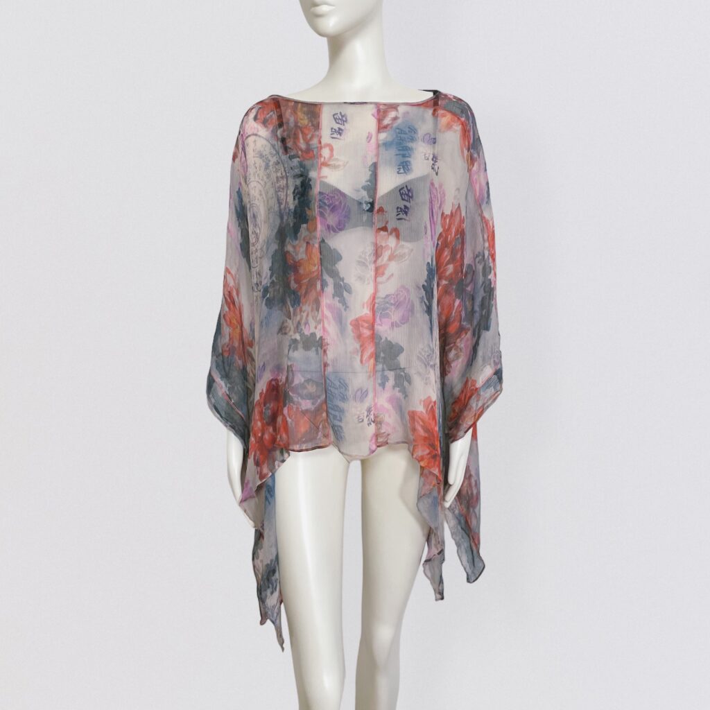 GALLIANO – Pink and lilac chiffon silk sheer poncho top with Asian print