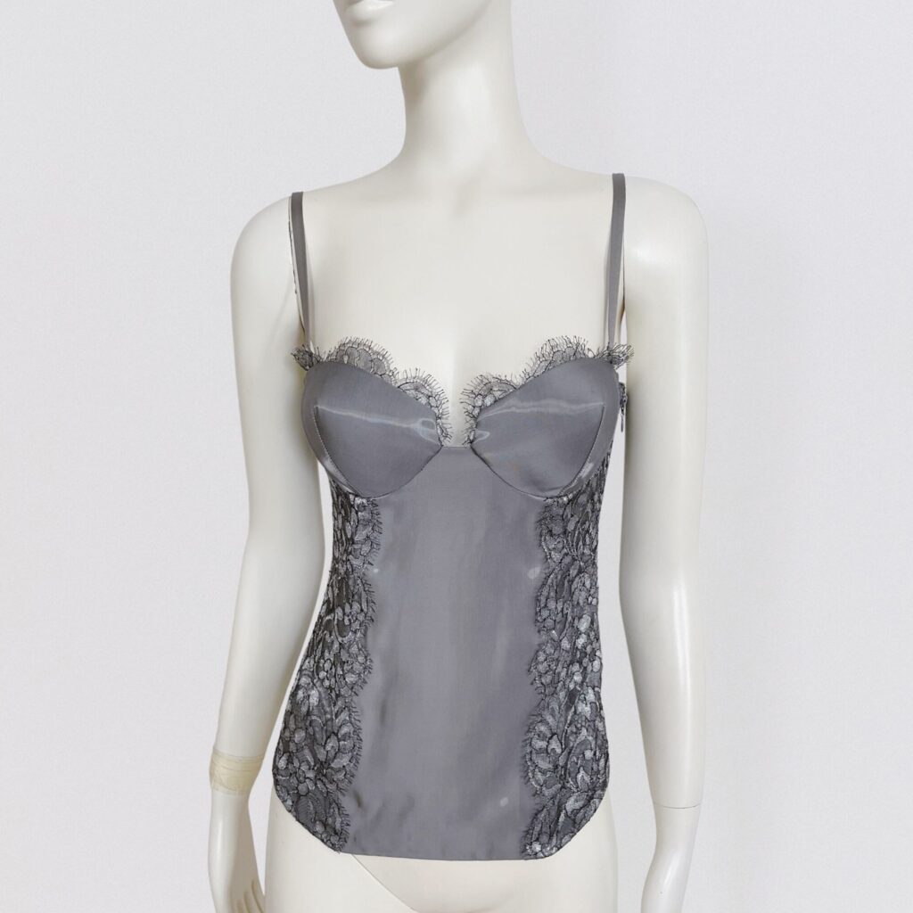LA PERLA – Steel gray corset top with lace details and back lacing