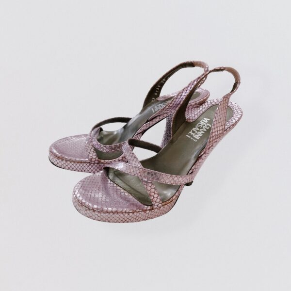 GIANNI VERSACE - Shiny pink snake print heel leather sandals - Image 3