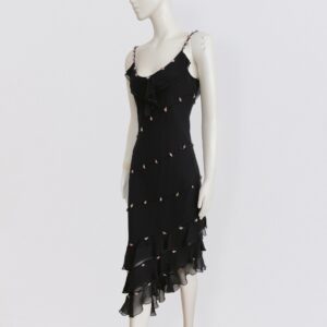 Vintage LUISA SPAGNOLI - Black silk asymmetrical midi dress embelisshed with rosebud and mini black pearls