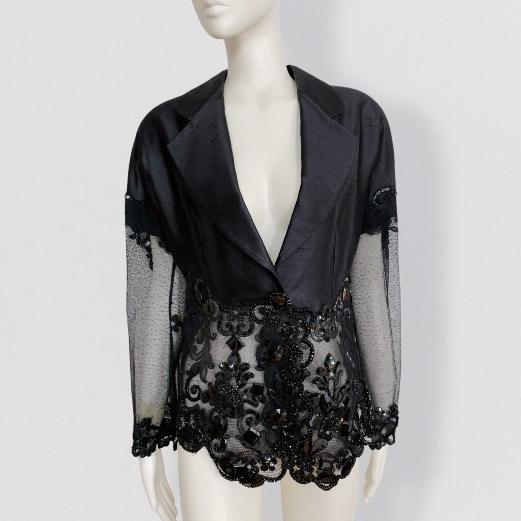 CHRISTIAN DIOR – black wild silk jacket with semi sheer details embroidered with pearls