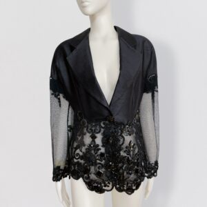Vintage 80s CHRISTIAN DIOR - black wild silk jacket with semi sheer details embroidered with pearls