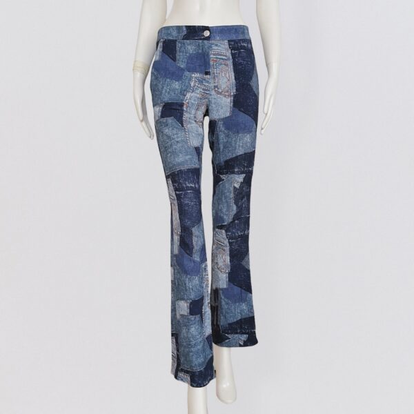 Vintage 90s MOSCHINO COUTURE - Trousers in fluid fabric with patchwork denim print 1