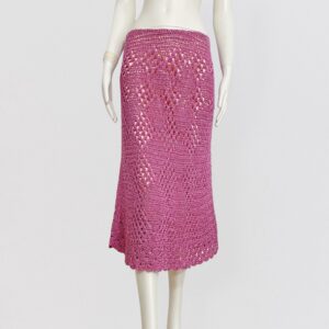 Vintage 70s pink crochet knit flared midi skirt