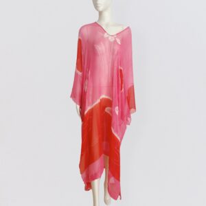 Vintage 90s TAKADA by KENZO TAKADA - Printed pink sheer silk maxi kaftan dress