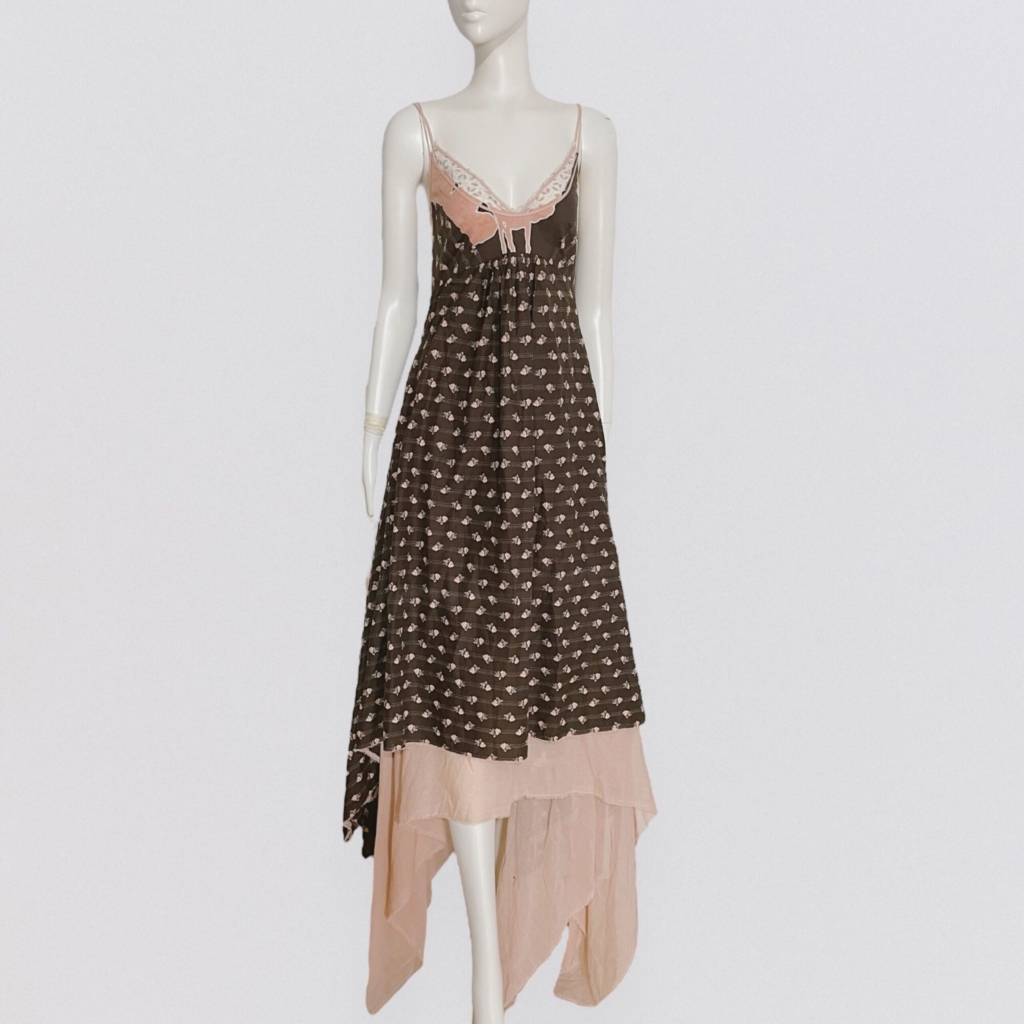 ANTONIO MARRAS – Brown maxi cotton dress with floral print & powder pink petticoat