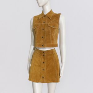 MANGO vintage 90s 1992 Co-ord sleeveless jacket & mini skirt in brown suede leather