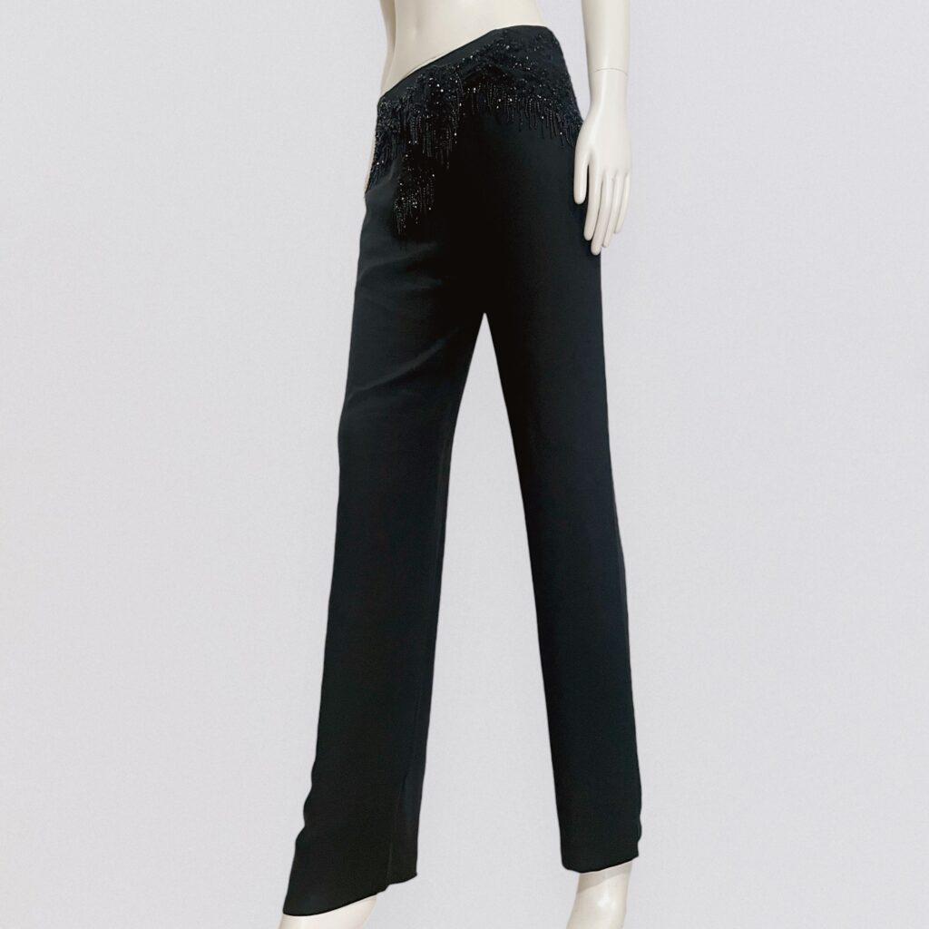 VALENTINO – black flowing pants with scarf-style belt embroidered with pearls