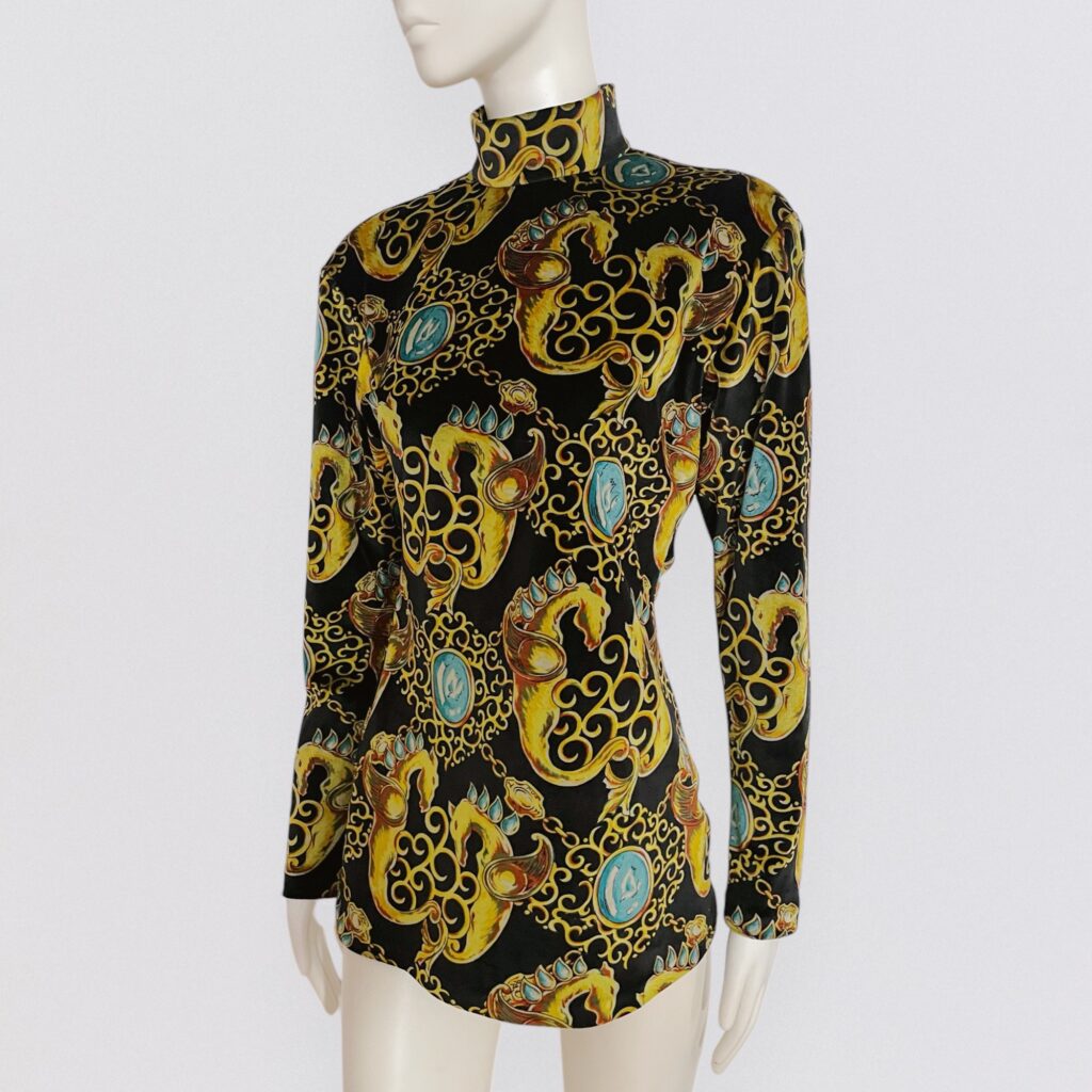 JUNKO SHIMADA – Black velvet high neck top printed with chains, gemstones & dragons