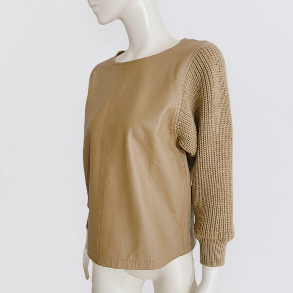 TRUSSARDI  - Long-sleeved beige leather and wool sweater - Image 2