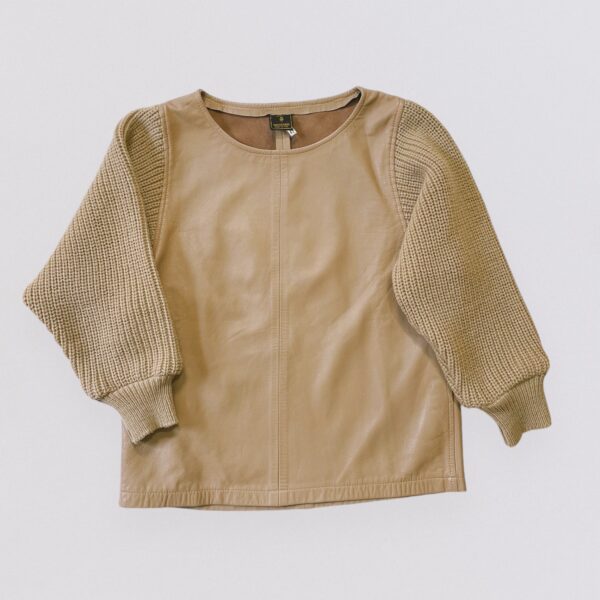 TRUSSARDI  - Long-sleeved beige leather and wool sweater - Image 4