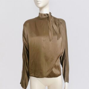 Vintage 80s GEORGES RECH – iced brown silk satin long sleeve pussy bow top 1
