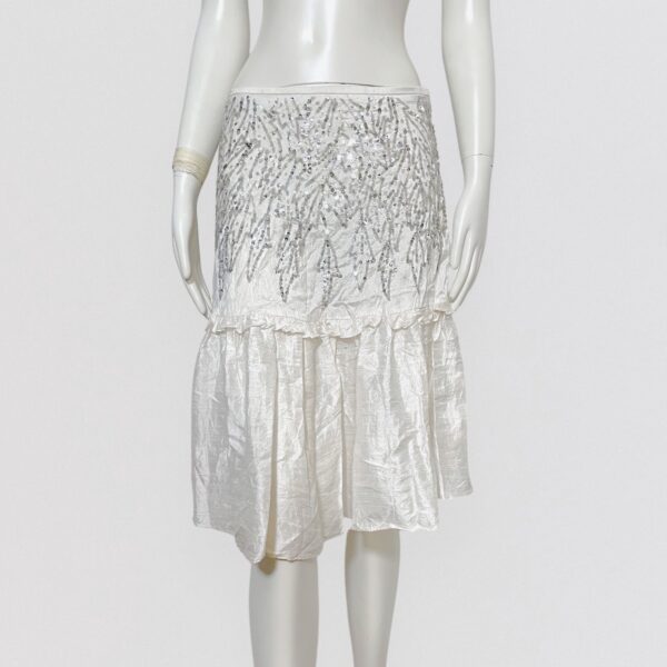 Vintage 90s ARMANI COLLEZIONI silver sequin embellished white silk midi skirt 1