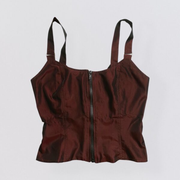MILA SCHON – Brown moiré zipper bustier top - Image 3