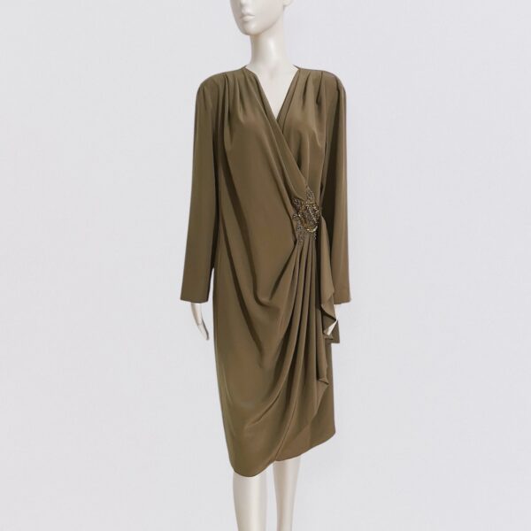 Vintage 90s BYBLOS – Draped light brown midi dress with long sleeves