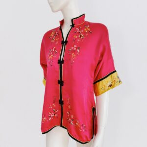 Vintage 1920 floral embroidered pink satin silk qi pao shirt