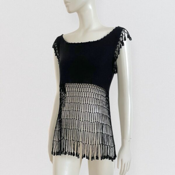 Vintage 00s MOSCHINO CHEAP & CHIC Black crochet fringe beaded crop top Y2K