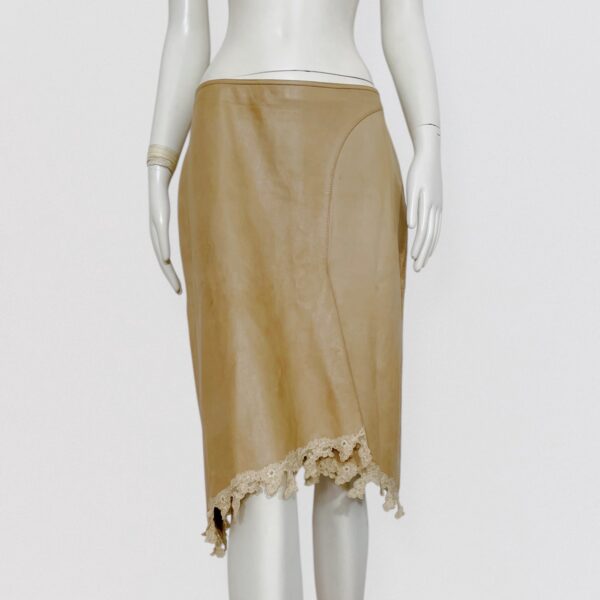 Vintage 00s LOLITA LEMPICKA Beige lamb leather midi skirt with lace trim 2