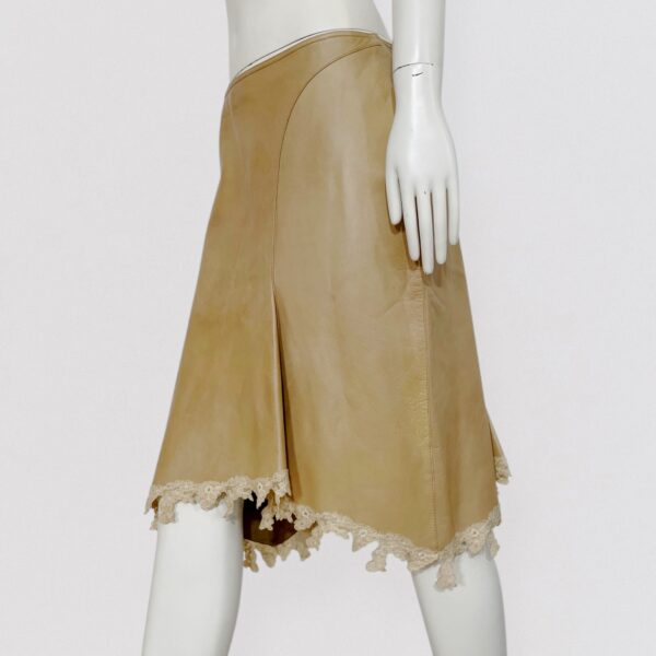 Vintage 00s LOLITA LEMPICKA Beige lamb leather midi skirt with lace trim 3