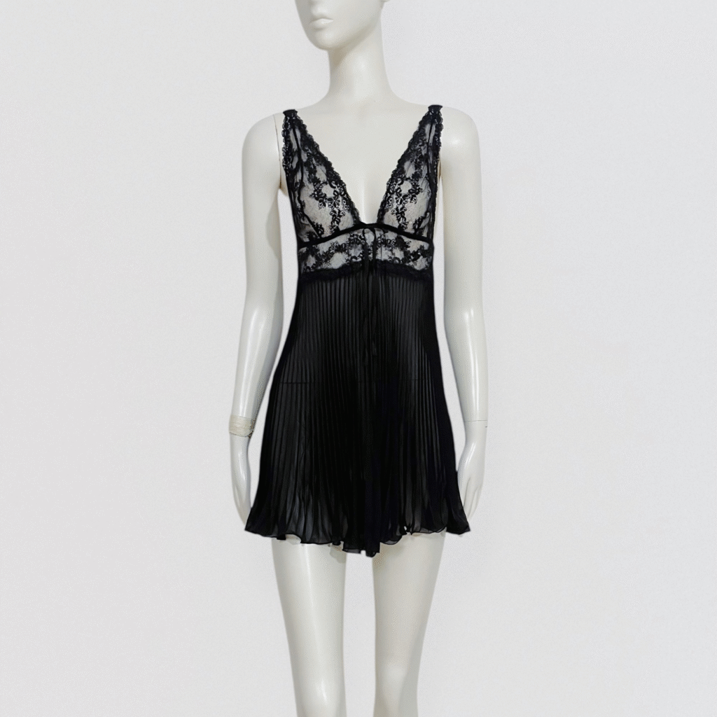 CHRISTIES –black lace mini babydoll with pleated skirt
