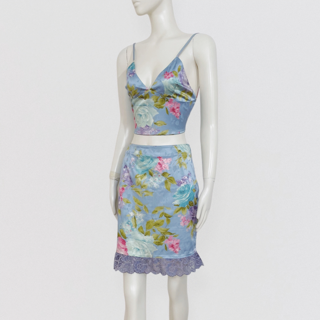 ROCCOBAROCCO – floral satin co-ord set (top + skirt)