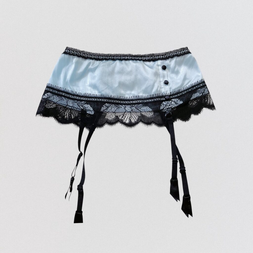 LA PERLA – Baby blue silk and black lace garter belt