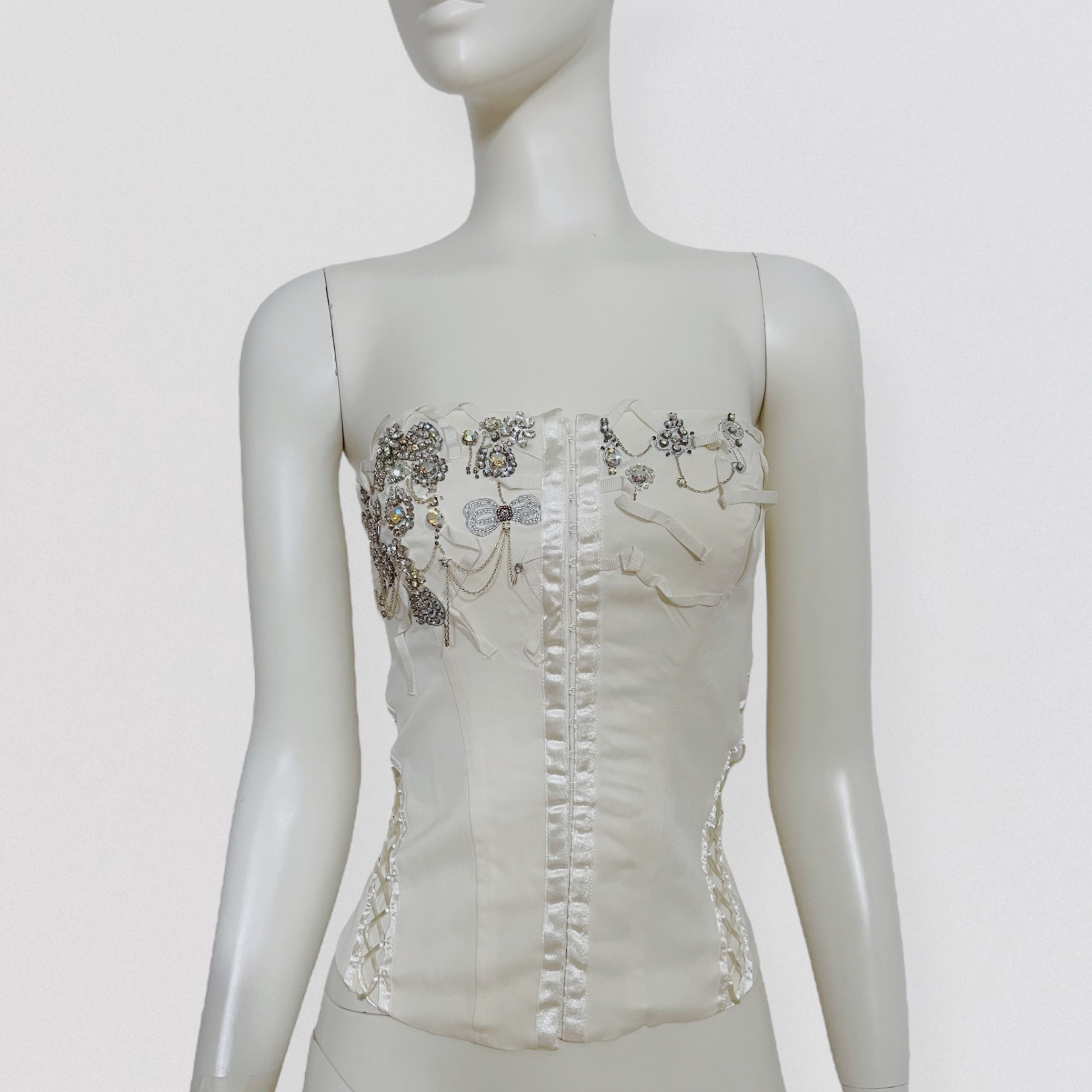Vintage 00s Y2K KAREN MILLEN – Cream satin corset bustier with rhinestones, pearls & chains embroidery Coquette 3