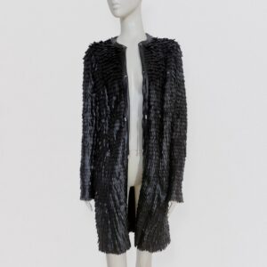Vintage 00s PLEIN SUD – Black faux leather mid-length coat with fringe feather look effect
