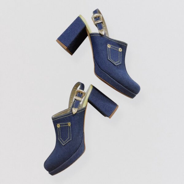 Vintage AMELIE PICHARD High heel denim mules with pocket & buckle Detail Y2K 00s 2
