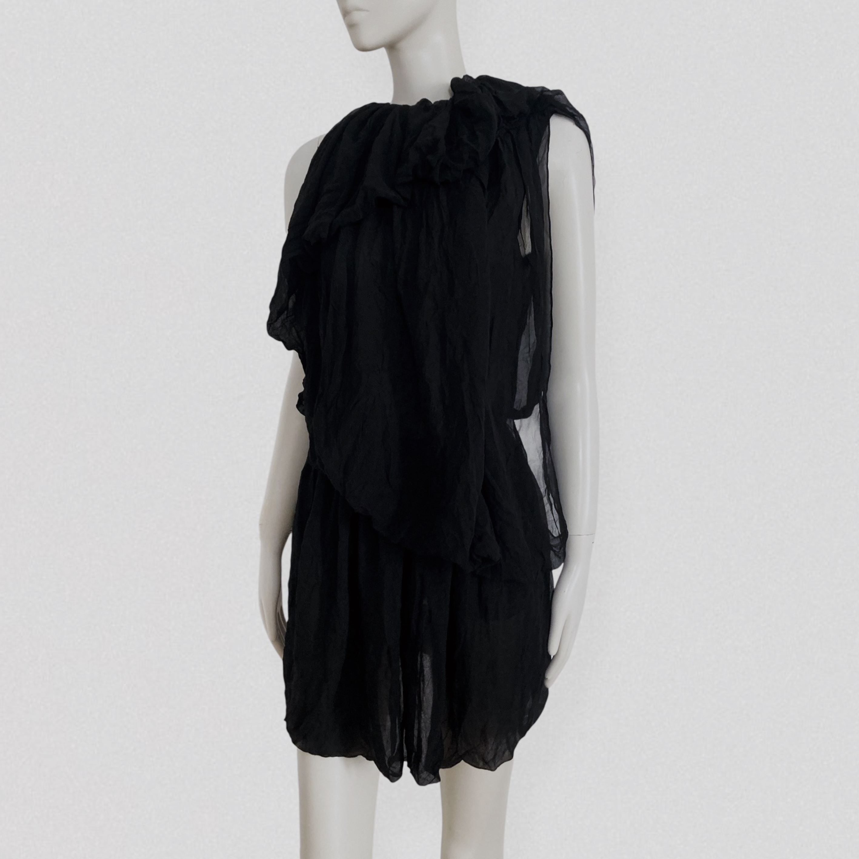 Vintage 00s Y2K PLEIN SUD Black semi-sheer draped silk mini dress with ruffled collar 1