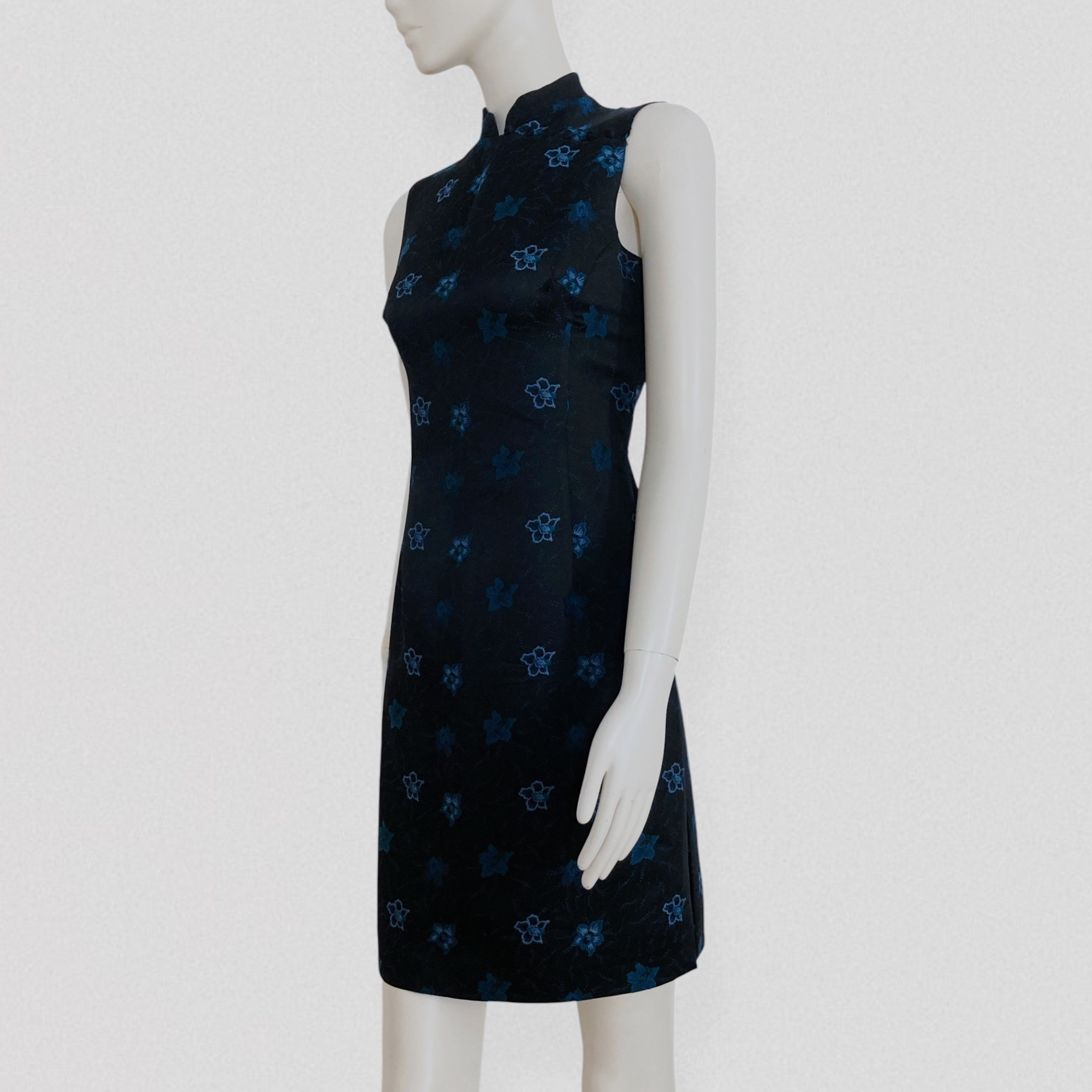 Vintage 90s KENZO JUNGLE Black satin qipao dress with blue floral embroidery 2